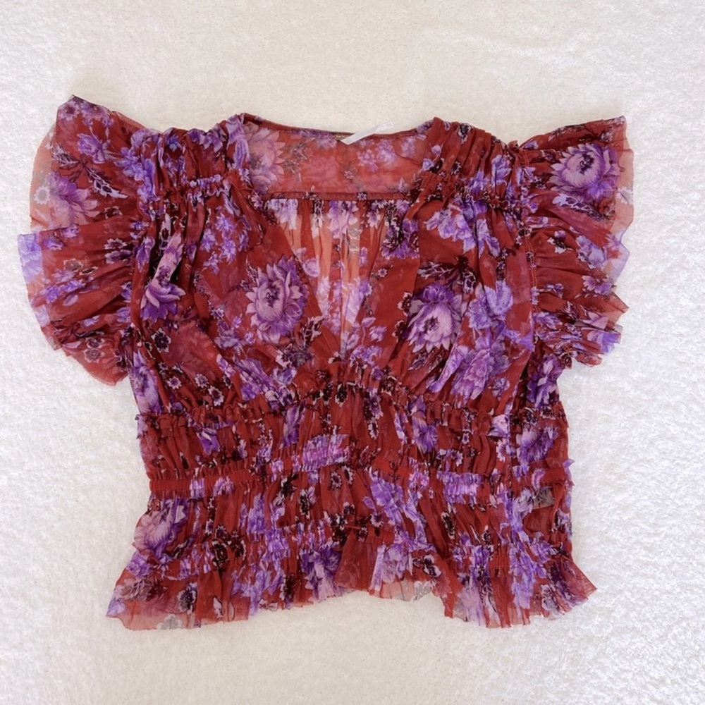 Free People Make Me Smile, Printed Red & Purple Ruffled Blouse - Picture 2 of 4